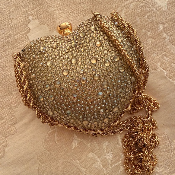 Handbags - Gold Crystal Embellished Heart Clutch